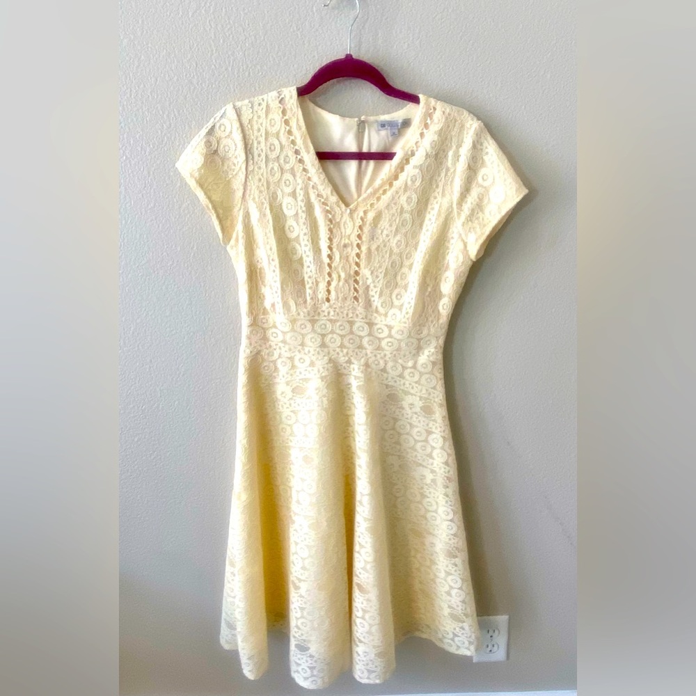 De Collection pale yellow lace dress. Fully lined, zip and clasp back. Size M